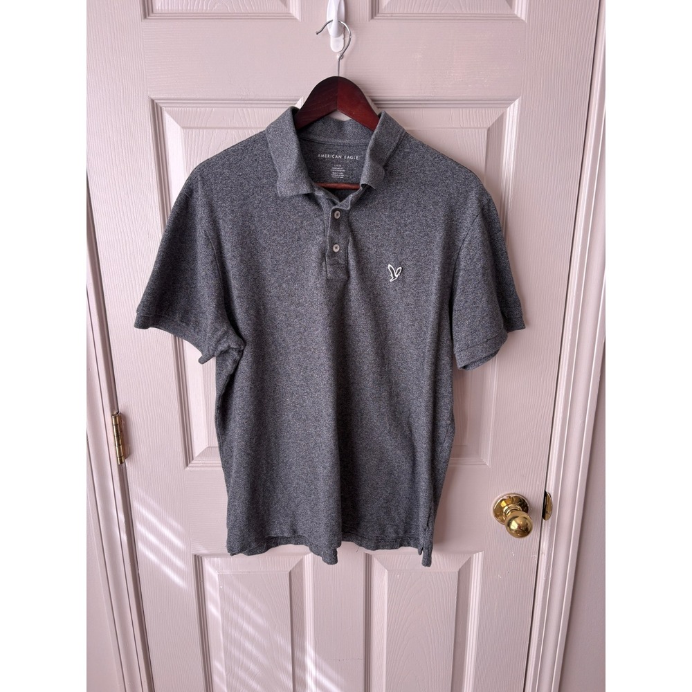 American Eagle Polo Shirt Mens Large Grey Standard Fit Short Sleeve Logo Casual